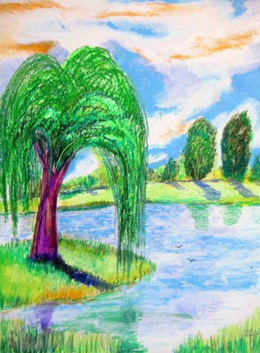 Drawing titled "le saule pleureur" by Ludovic Catry, Original Artwork, Pastel