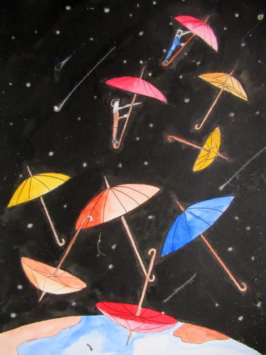 Painting titled "une pluie de parapl…" by Ludovic Catry, Original Artwork, Watercolor