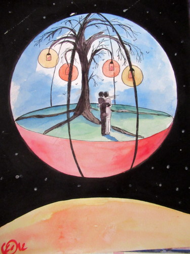Painting titled "dans une bulle d'air" by Ludovic Catry, Original Artwork, Watercolor