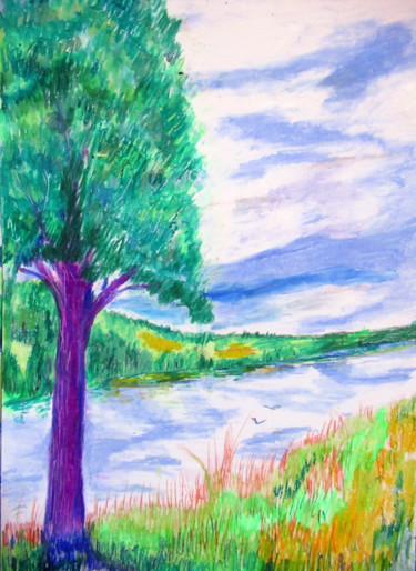 Drawing titled "l'arbre géant au bo…" by Ludovic Catry, Original Artwork, Pastel