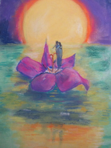 Drawing titled "sur un nénuphar" by Ludovic Catry, Original Artwork, Pastel