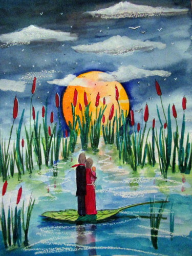 Картина под названием "quand la lune se lè…" - Ludovic Catry, Подлинное произведение искусства, Акварель