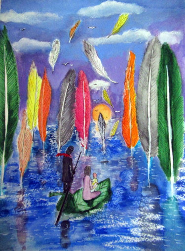 Painting titled "au milieu des plumes" by Ludovic Catry, Original Artwork, Watercolor