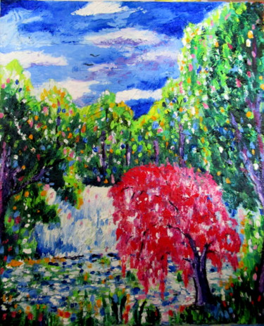 Painting titled "arbre rouge au bord…" by Ludovic Catry, Original Artwork, Acrylic