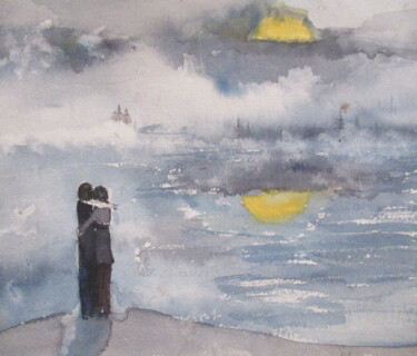 Painting titled "dans le brouillard" by Ludovic Catry, Original Artwork, Watercolor