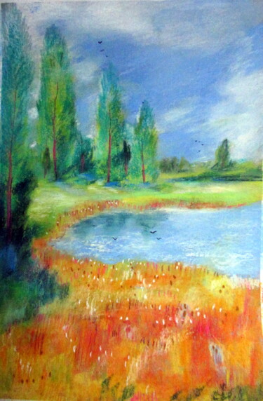 Drawing titled "un étang en automne" by Ludovic Catry, Original Artwork, Pastel
