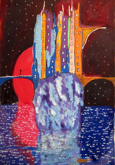 Peinture intitulée "ville sur un rocher" par Ludovic Catry, Œuvre d'art originale, Acrylique