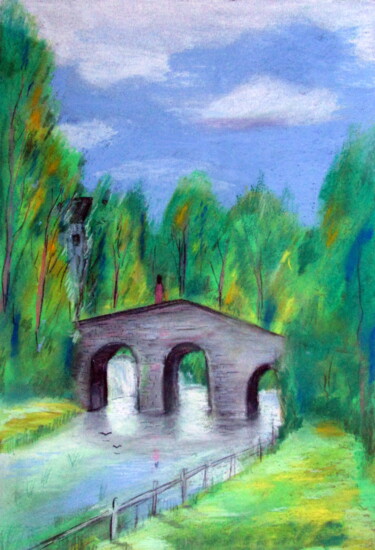 Dessin intitulée "petit pont de pierre" par Ludovic Catry, Œuvre d'art originale, Pastel