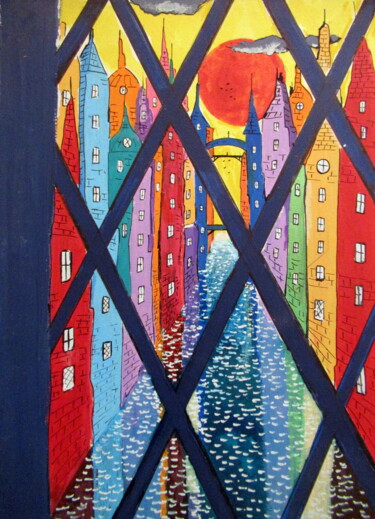 Peinture intitulée "ville à travers une…" par Ludovic Catry, Œuvre d'art originale, Acrylique