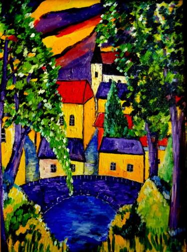 Painting titled "village coloré" by Ludovic Catry, Original Artwork, Oil