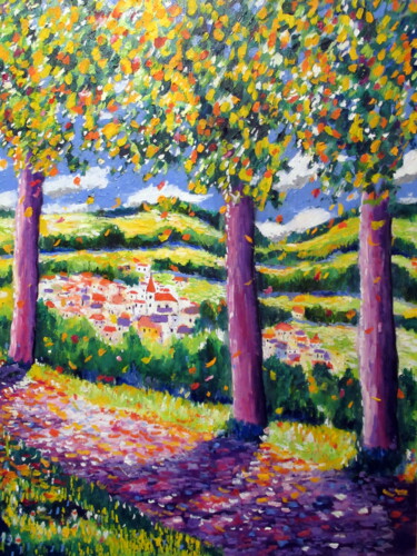 Painting titled "un petit village pe…" by Ludovic Catry, Original Artwork, Oil