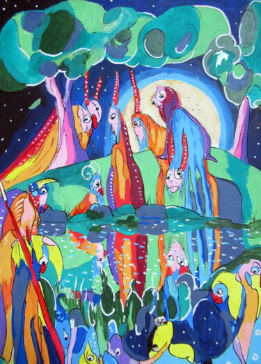 Картина под названием "ballade de nuit au…" - Ludovic Catry, Подлинное произведение искусства, Цветные карандаши