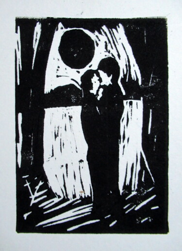 Incisioni, stampe intitolato "le baiser sous la l…" da Ludovic Catry, Opera d'arte originale, Incisioni su linoleum