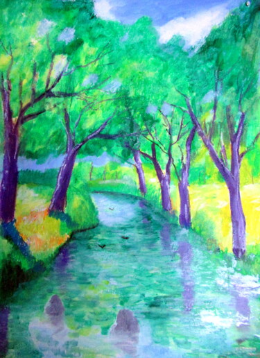 Painting titled "la petite rivière s…" by Ludovic Catry, Original Artwork, Oil