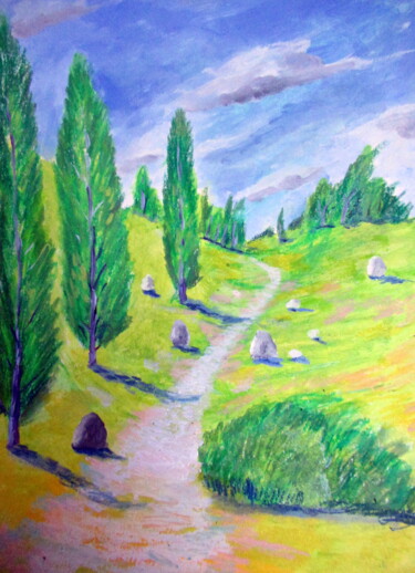 Painting titled "chemin de campagne…" by Ludovic Catry, Original Artwork, Oil
