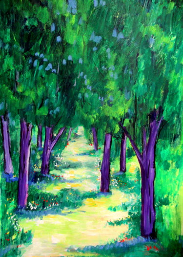 Painting titled "chemin fleuri sous…" by Ludovic Catry, Original Artwork, Oil