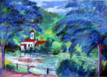 Pintura intitulada "église au bord de l…" por Ludovic Catry, Obras de arte originais, Pastel