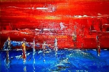 Peinture intitulée "Ciel rouge, Mer ble…" par Gérard Cavazza, Œuvre d'art originale, Huile