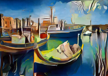 Digital Arts titled "Boats docked in the…" by Cornelis Zegers, Original Artwork, 2D Digital Work