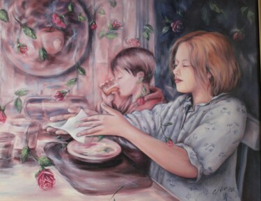 Schilderij getiteld "Le déjeuner de Lili" door C.Bibo, Origineel Kunstwerk, Olie