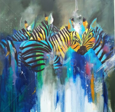 Painting titled "zebres" by C Brune Arts, Original Artwork, Oil