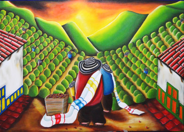 Pintura titulada "Recolectores de Café" por Carlos Duque, Obra de arte original, Oleo