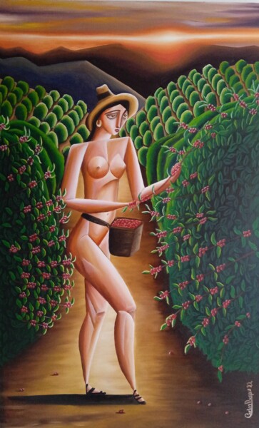 Painting titled "Mujer del Cafetal IV" by Carlos Duque, Original Artwork, Oil