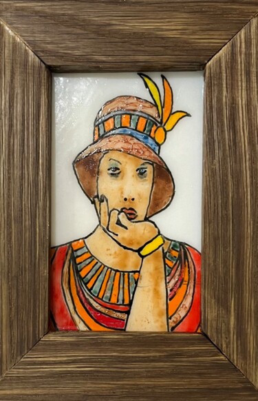 Schilderij getiteld "Orange Deco Lady" door Cecil Williams, Origineel Kunstwerk, Gebrandschilderd glas