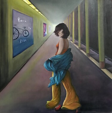Painting titled "Subway" by Cécile Dinge, Original Artwork, Oil Mounted on Wood Stretcher frame
