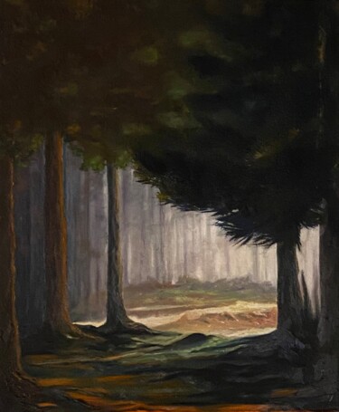 Painting titled "Sous-bois" by Cécile Dinge, Original Artwork, Oil Mounted on Wood Stretcher frame