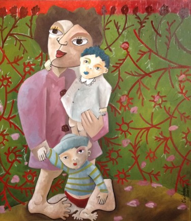 Pintura intitulada "Yvette et les enfan…" por Cecile Guicheteau, Obras de arte originais, Outro