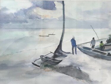 Painting titled "Zanzibar au couchant" by Cécile Guth, Original Artwork, Watercolor Mounted on Cardboard