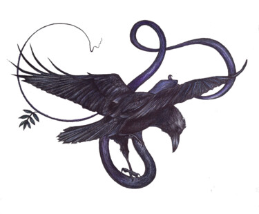 Рисунок под названием "Raven, Oiseau à mém…" - Cécile Jeanne Fraeye, Подлинное произведение искусства, Шариковая ручка