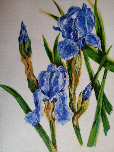 Peinture intitulée "121.jpg - Iris bleus" par Cécile Labossière, Œuvre d'art originale, Huile