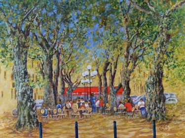 Painting titled "Le Café des Platanes" by Cécile Labossière, Original Artwork, Oil