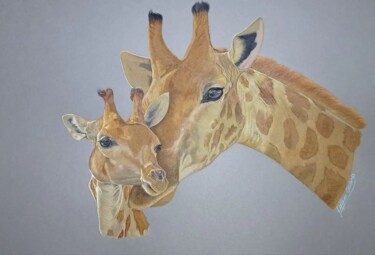 Painting titled "Girafe et girafon" by Cécile Lefebvre (Cey's Art), Original Artwork, Watercolor