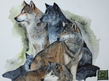 Malarstwo zatytułowany „La meute de loups” autorstwa Cécile Lefebvre (Cey's Art), Oryginalna praca, Akwarela