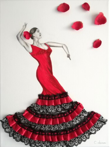 Collages intitolato "Flamenco" da Cecile Lenam, Opera d'arte originale, Carbone Montato su Telaio per barella in legno