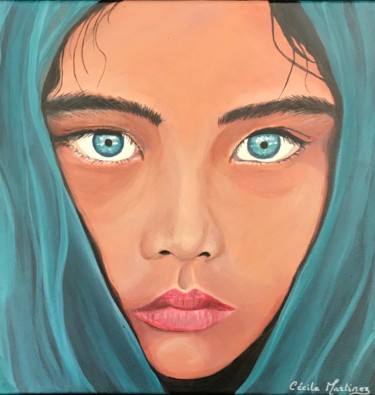 Painting titled "jeune afghane bleue" by Cécile Martinez, Original Artwork, Acrylic