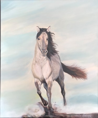 Painting titled "cheval gris au galop" by Cécile Martinez, Original Artwork, Acrylic
