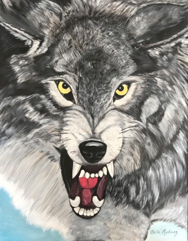 Painting titled "Loup gris" by Cécile Martinez, Original Artwork, Acrylic