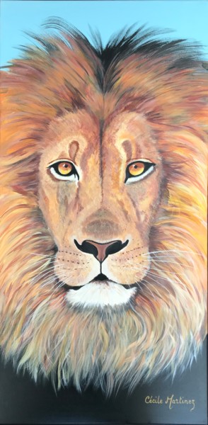 Painting titled "Lion de face" by Cécile Martinez, Original Artwork, Acrylic