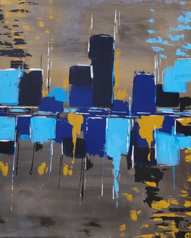 Painting titled "La City" by Cécile Rouleau, Original Artwork, Acrylic Mounted on Wood Stretcher frame