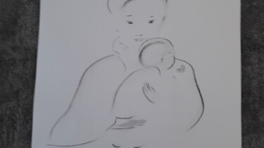 Dessin intitulée "Maternité au fusain" par Cecile Vale, Œuvre d'art originale, Fusain