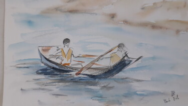 Peinture intitulée "Les moines pêcheurs" par Cecile Vale, Œuvre d'art originale, Aquarelle