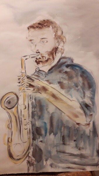 Painting titled "Le Saxophoniste" by Cecile Vale, Original Artwork, Watercolor