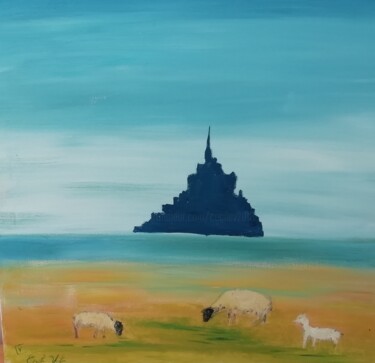 Painting titled "Les moutons du mont" by Cecile Vale, Original Artwork, Oil