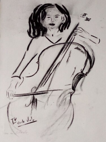 Dessin intitulée "Mari au violoncelle" par Cecile Vale, Œuvre d'art originale, Fusain