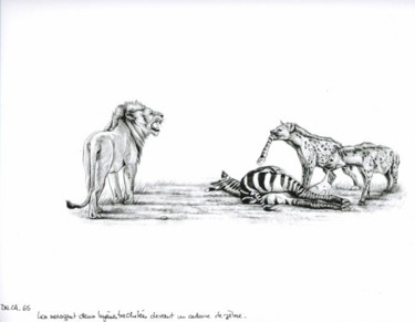 Drawing titled "Lion et hyènes" by Cécile Aquisti, Original Artwork