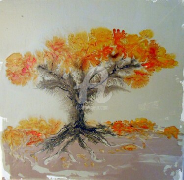 Schilderij getiteld "Arbre Octobre Orange" door Cecile Gonne Victoria, Origineel Kunstwerk, Acryl